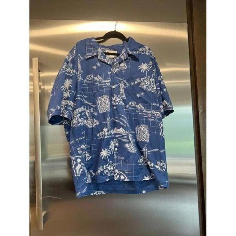 Vintage HOWIE Hawaiian Aloha Shirt Blue and‎ White Made in Hawaii Men's 2XL